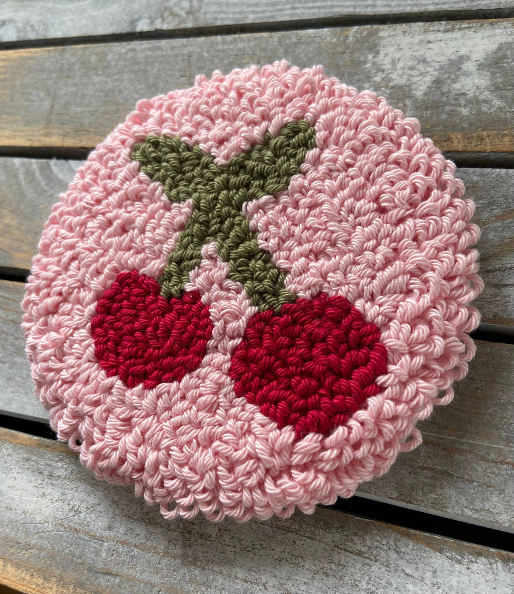 Cherry coffee coaster, punch needle mug rug, candle mat