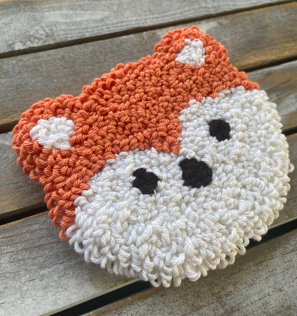 Foxy fox coffee coaster, mug rug, punch needle mug rug