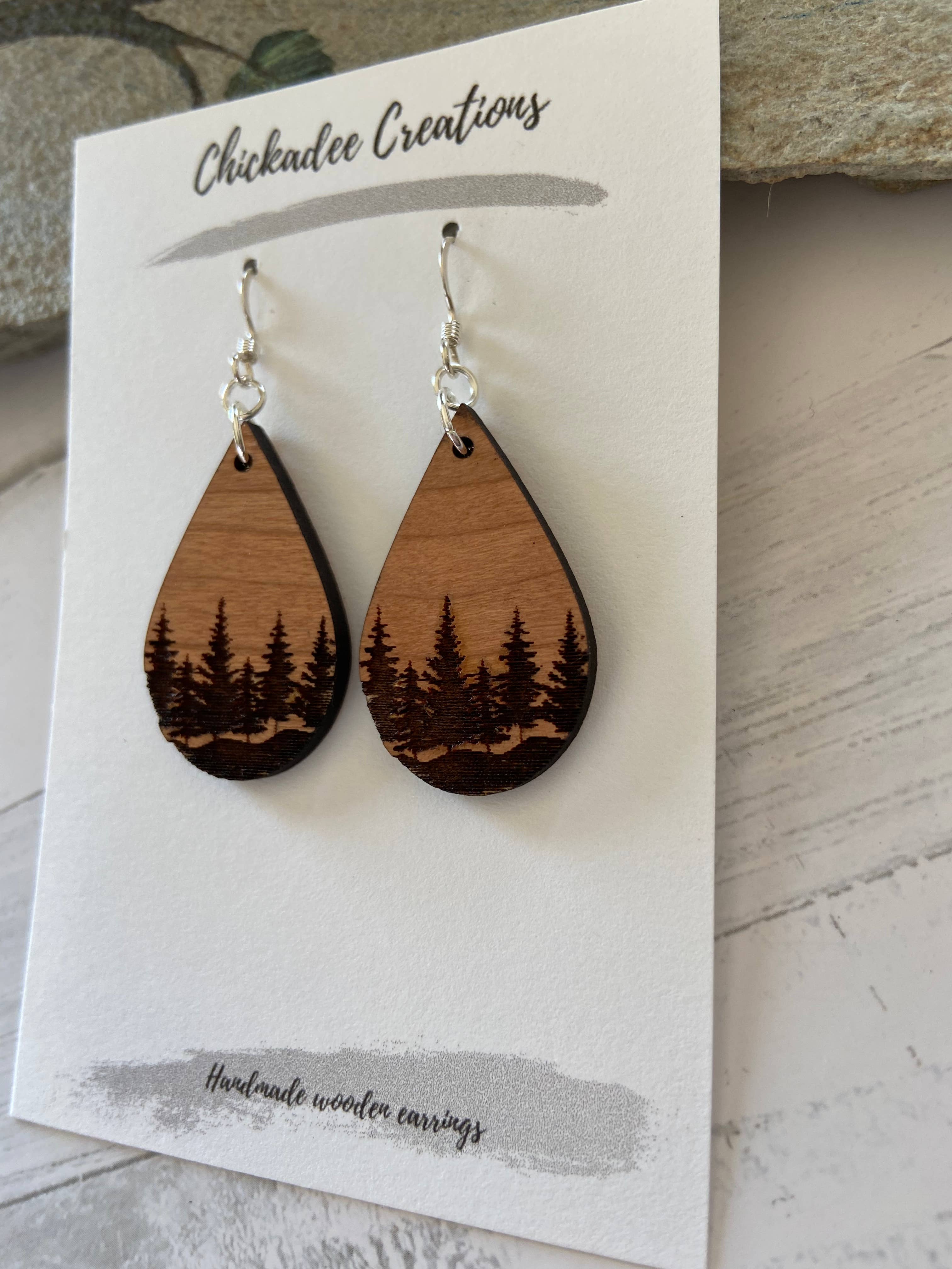 Teardrop forest wood earrings