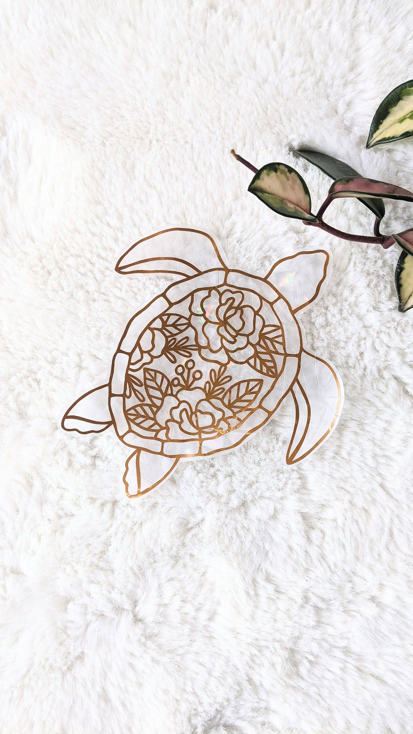 Sea Turtle Suncatcher | Prismatic Window Cling | Copper Decor | Hibiscus Floral Pattern
