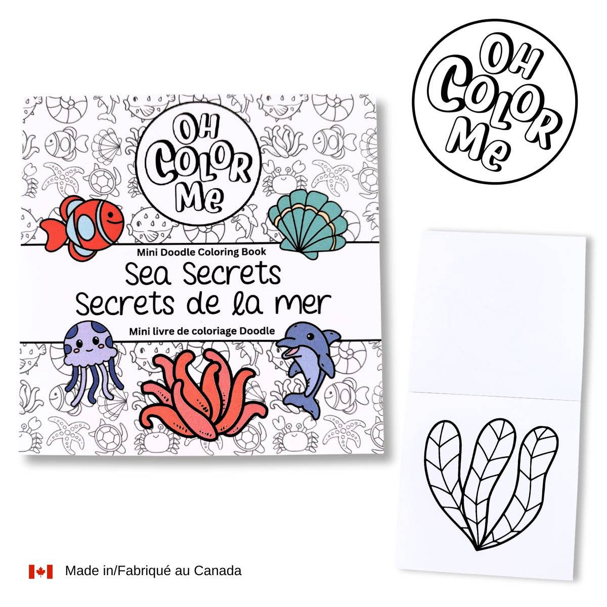 Mini doodle coloring book titled 'Sea Secrets' with ocean-themed illustrations and a heart-shaped coloring page.