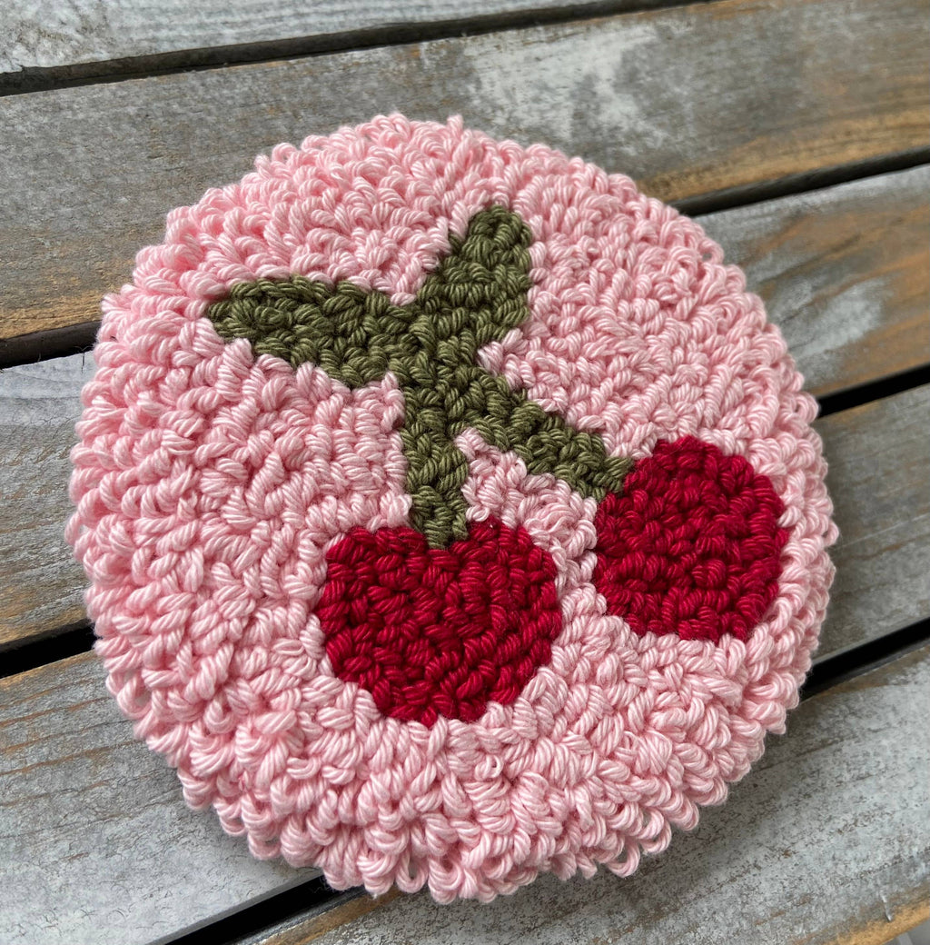 Cherry coffee coaster, punch needle mug rug, candle mat