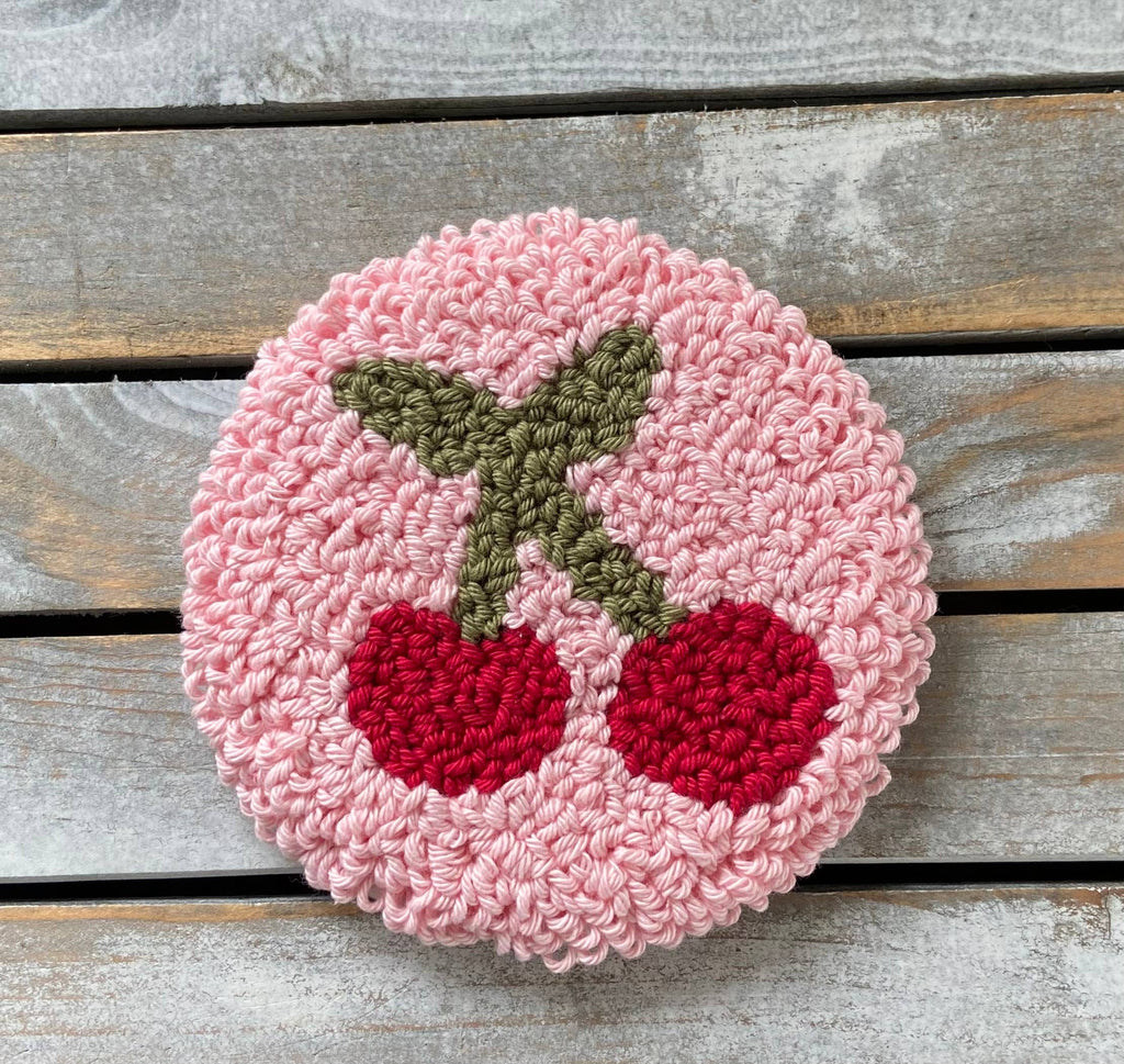 Cherry coffee coaster, punch needle mug rug, candle mat