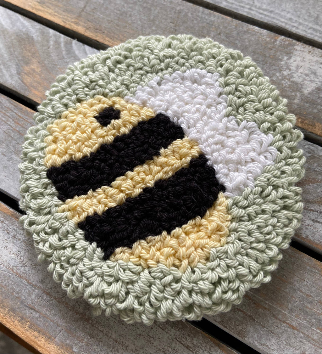 Bumblebee coffee coaster, punch needle mug rug, candle mat 