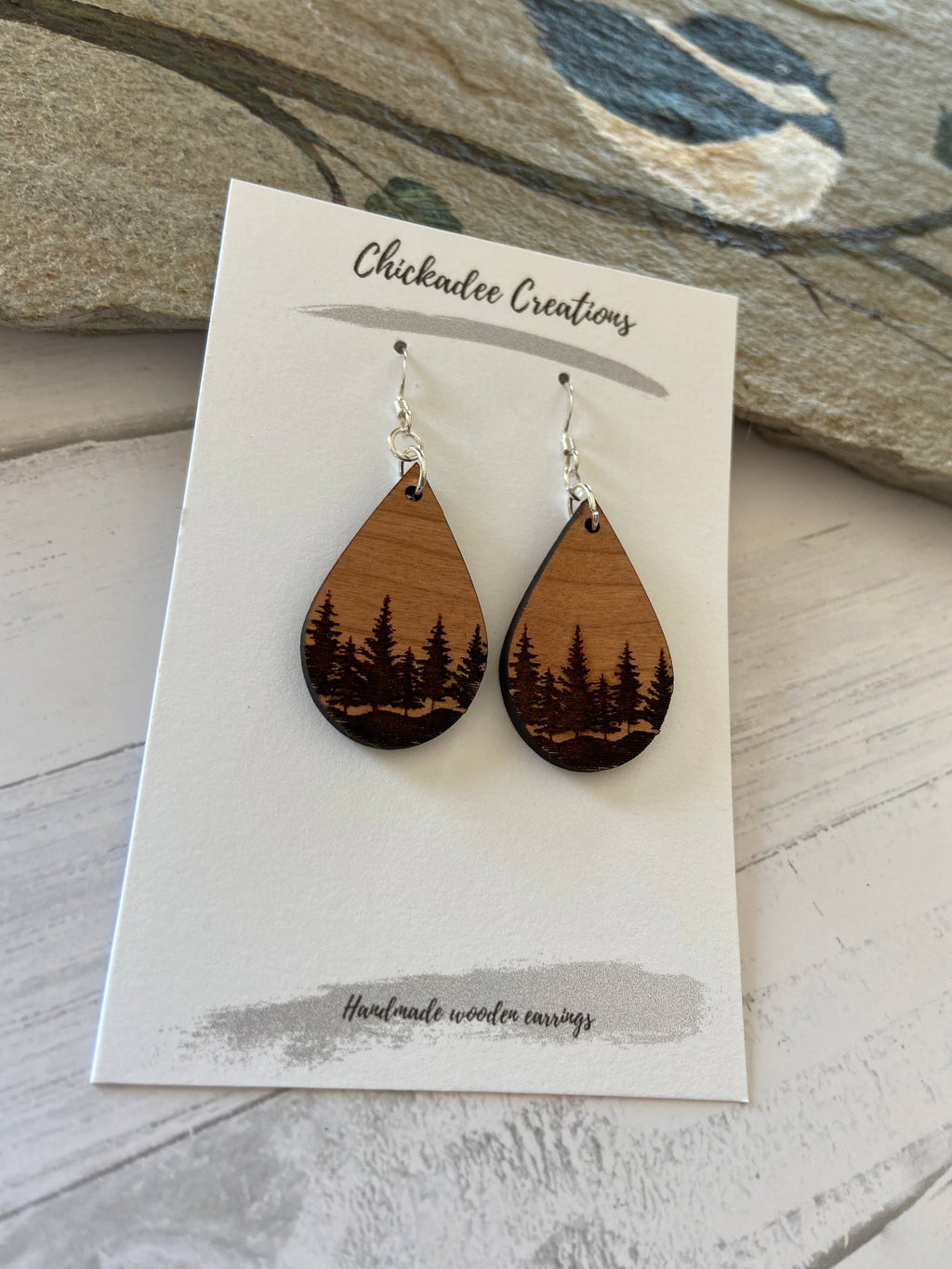 Teardrop forest wood earrings