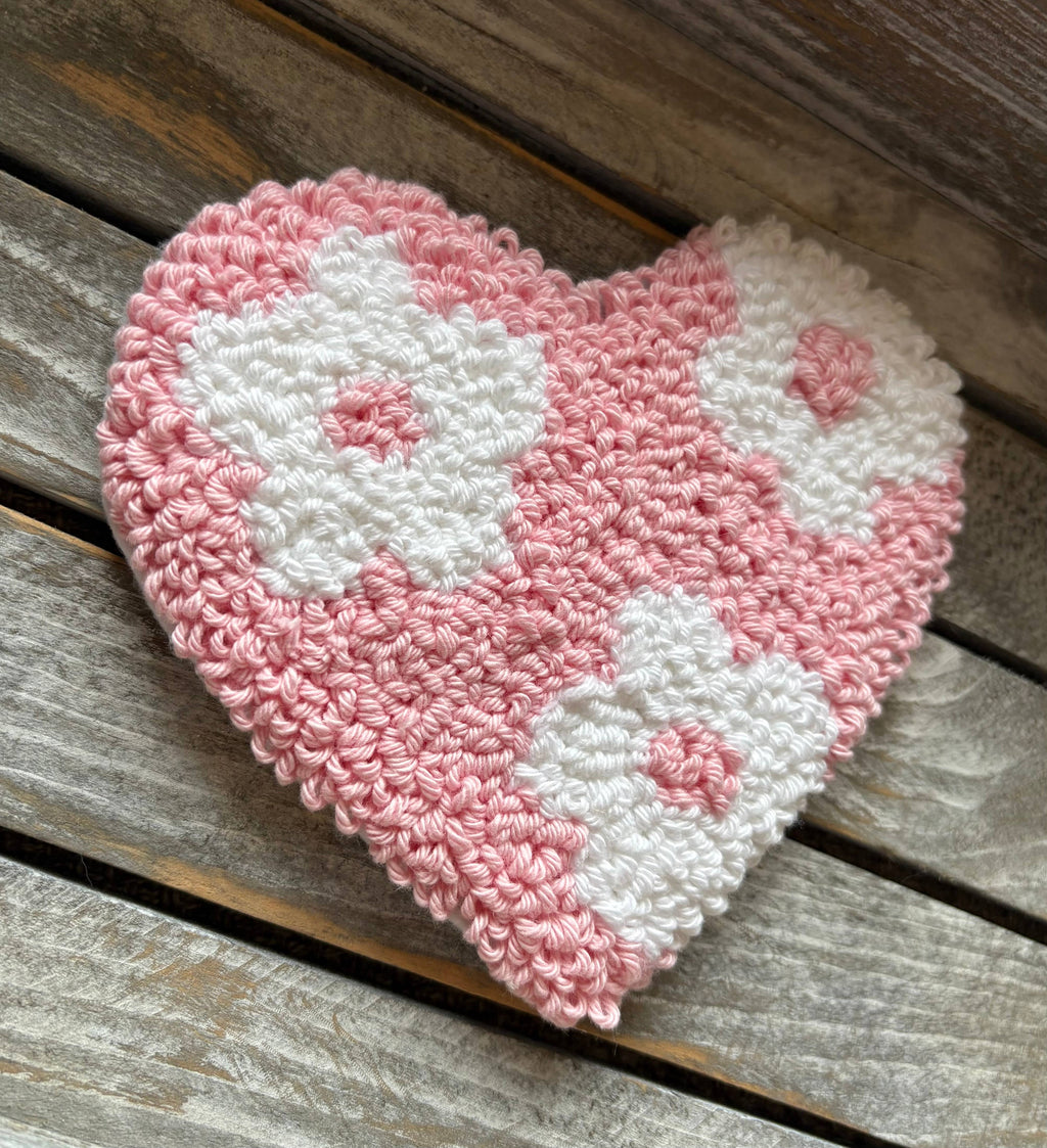 Heart with flowers coffee coaster, mug rug, punch needle