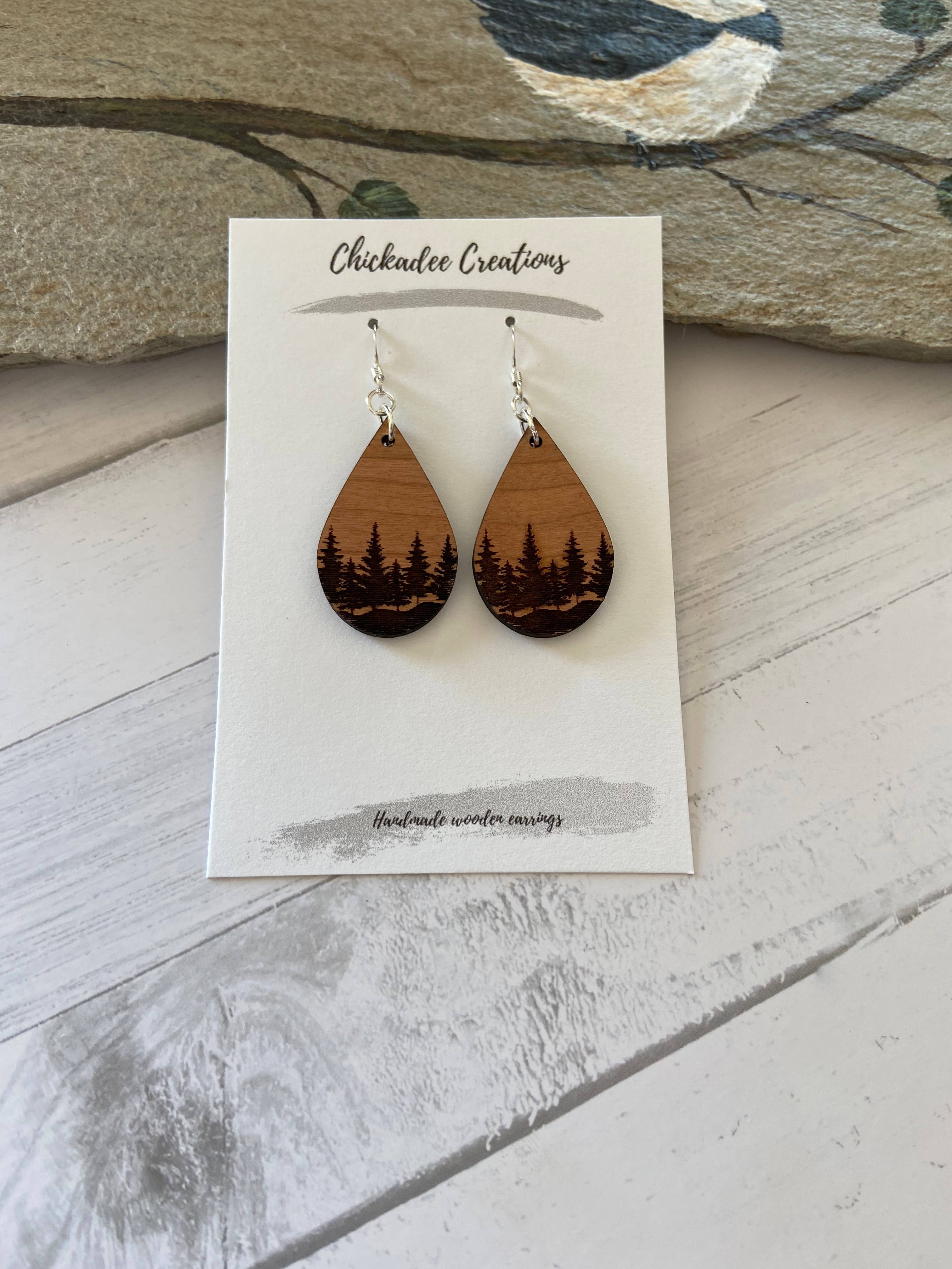 Teardrop forest wood earrings