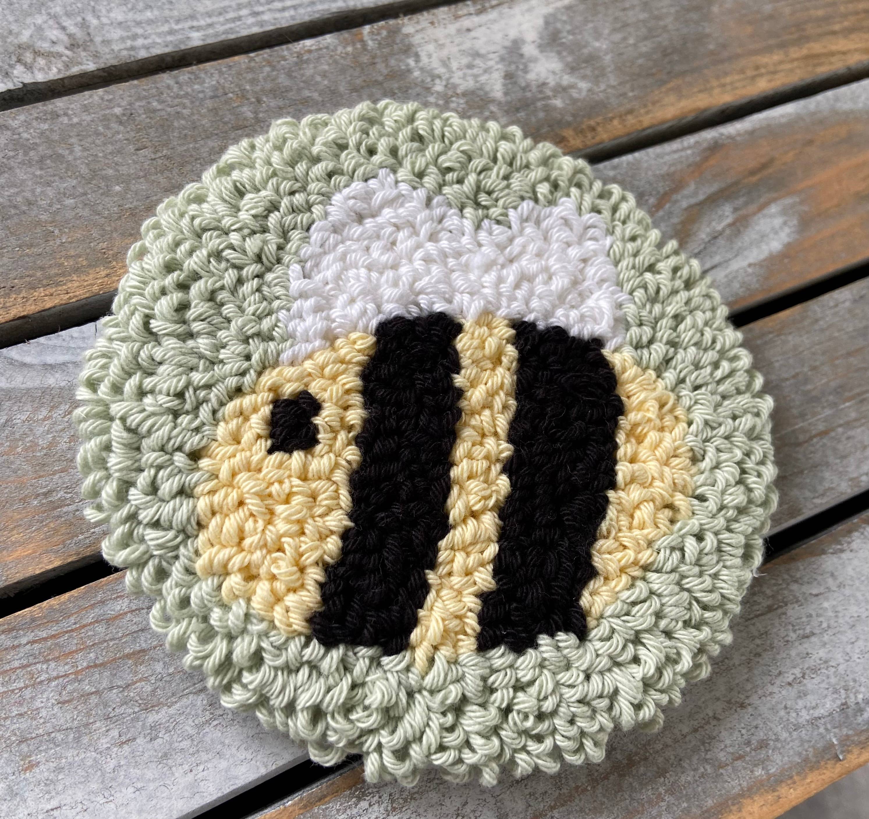 Bumblebee coffee coaster, punch needle mug rug, candle mat 